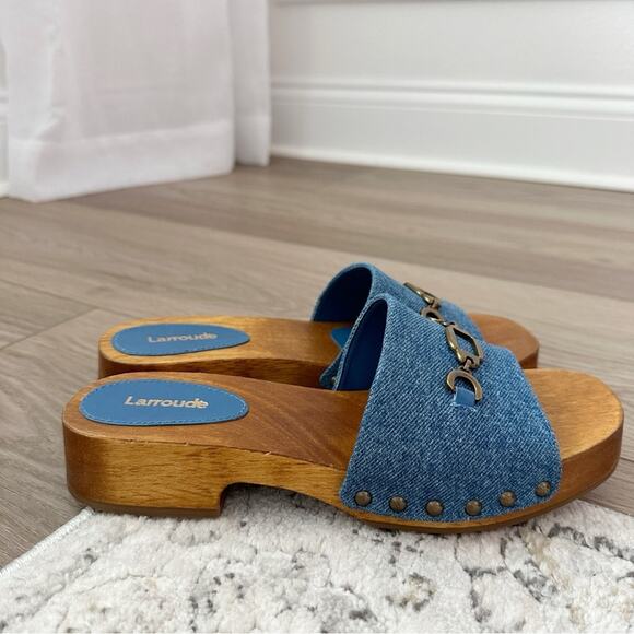 NIB Larroude Zuzi Slip On Platform Sandals in Blue Denim sz 7 - Picture 9 of 11